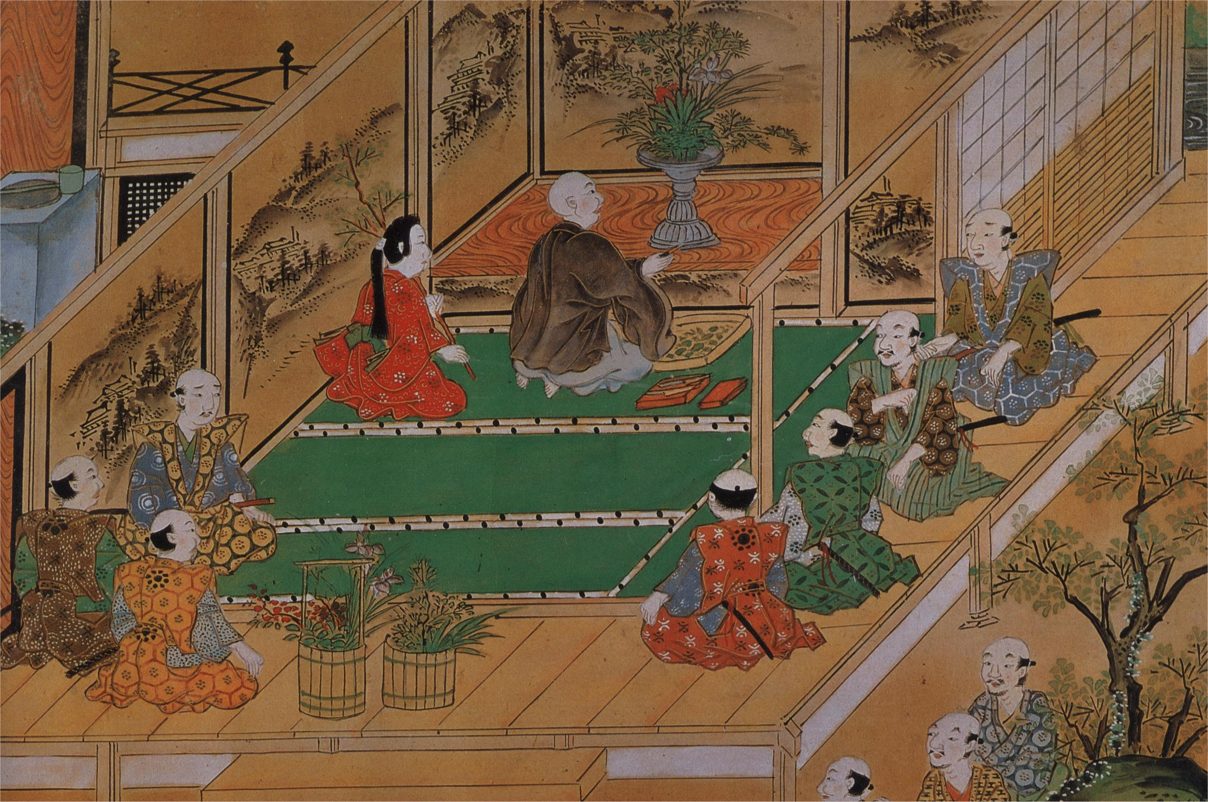 Ausschnitt eines Ukiyo-E aus dem späten 17. Jahrhundert. Es zeigt die Unterweisung eines Schülers in der Kunst des Ikebana.