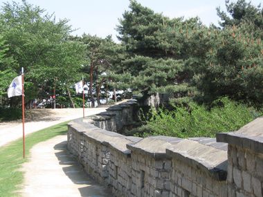 Festungsmauer mit Kiefern, Festung  in Suwon Südkorea