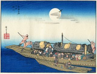Utagawa Hiroshige, Reisende auf dem Fluss Yodogawa