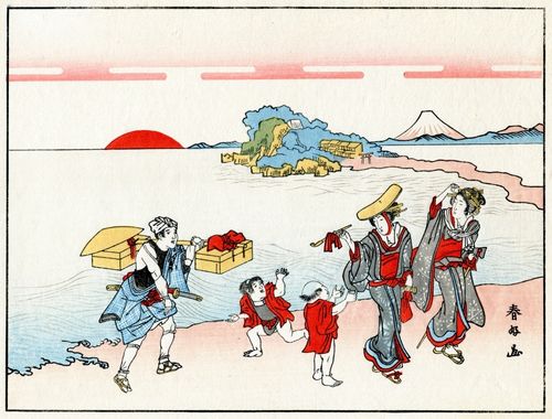 Katsukawa Shunsen, Pilger am Strand von Eonishima